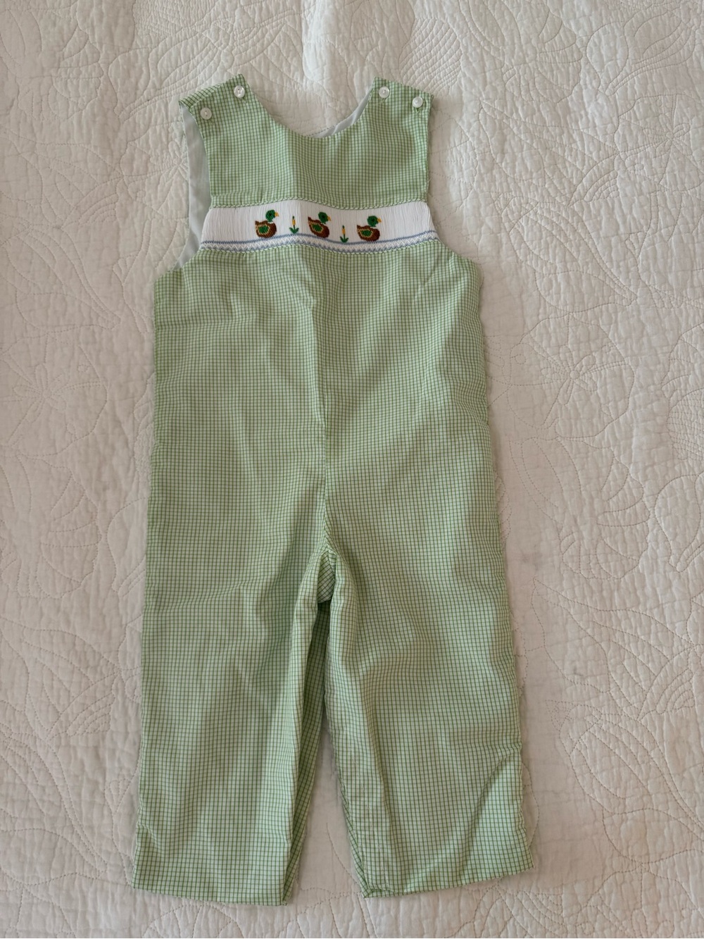 Light Green Gingham Smocked Duck Overalls for Kids